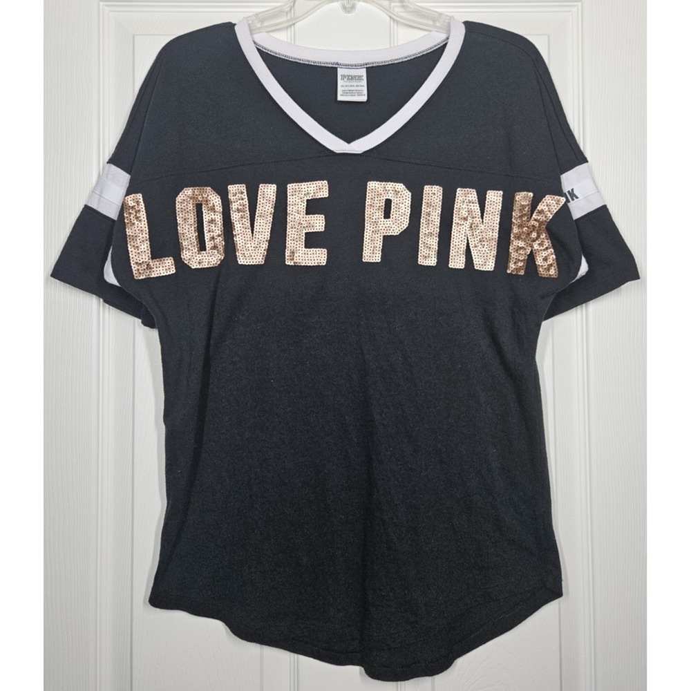 Victoria's Secret PINK Love Pink Gold Sequins Bling Black T-Shirt XS V-Neck Y2K